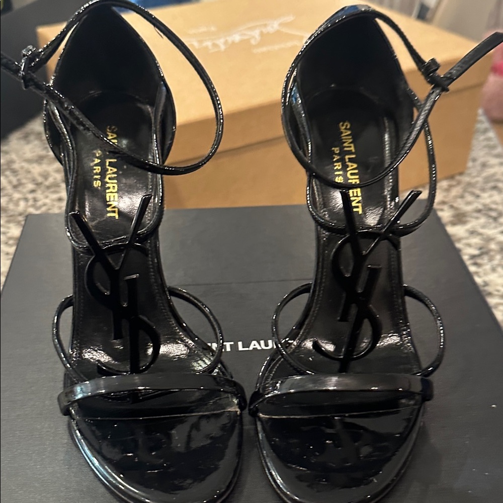 Saint Laurent Glossy Black Strappy Heels